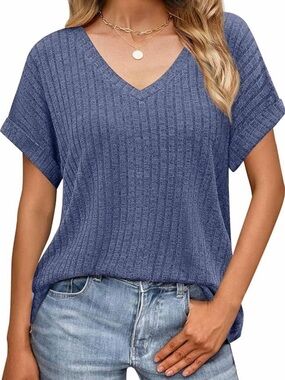 V-Neck Short Sleeve Ribbed Knit Top - Blue